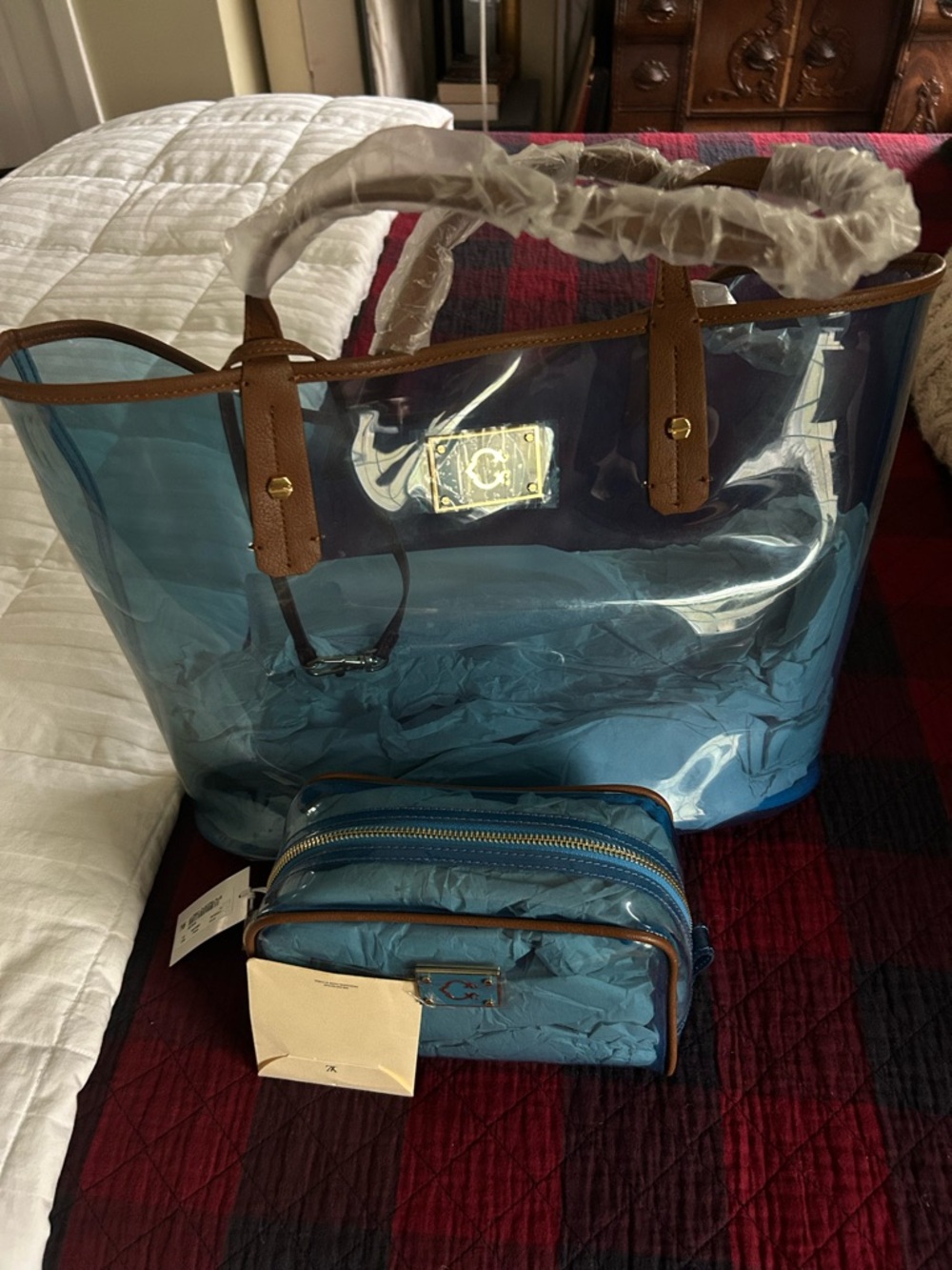 Clear Blue Tote with Brown Trim and Matching Blue Pouch